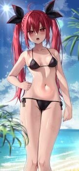 1girl absurdres backlighting beach bikini blush breasts date_a_live hair_ornament highres itsuka_kotori long_hair looking_at_viewer medium_breasts open_mouth red_eyes red_hair solo sun sunlight swimsuit twintails vitaminechan water