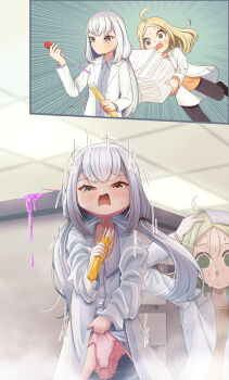 2girls absurdres accident age_regression aged_down ahoge black_pants blonde_hair blush chemicals child crying denwa green_eyes hands_on_own_head highres indoors lab_coat laboratory long_hair low_twintails multiple_girls open_mouth orange_shirt original oversized_clothes panicking panties pants paper_stack pink_panties shirt sweat transformation tripping twintails underwear white_eyes white_hair