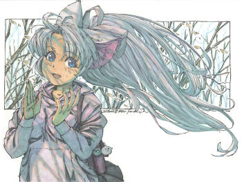 1girl :d animal_ears asymmetrical_sidelocks bag bag_charm blue_eyes border charm_(object) clapping commentary_request dark-skinned_female dark_skin dated falling_leaves fingernails fox_ears fox_girl hair_flowing_over hair_ribbon happy hood hoodie leaf light_blush long_fingernails long_hair making-of_available marker_(medium) meiz nib_pen_(medium) open_mouth original outdoors outline painting_(medium) parted_bangs pen_(medium) pink_hoodie ponytail ribbon shoulder_bag sidelocks signature sky smile solo traditional_media very_long_hair watercolor_(medium) white_border white_hair white_outline white_sky winter