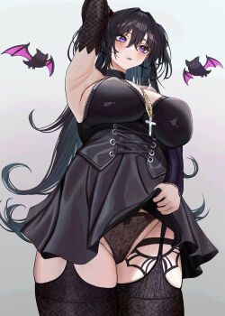 Rule 34 | 1girl, absurdres, alternate costume, armpits, bat (animal), black hair, black lips, black panties, black skirt, black thighhighs, blush, breasts, choker, cleavage, clothes lift, cross, cross earrings, cross necklace, curvy, earrings, goth fashion, gurei (streaper42846), hair between eyes, highres, jewelry, lace, lace panties, large breasts, lifting own clothes, long hair, makeup, multicolored hair, necklace, panties, pantyshot, phase connect, purple eyes, runie ruse, runny makeup, second-party source, skirt, skirt lift, solo, thighhighs, thighs, underwear, very long hair, virtual youtuber