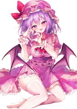 Rule 34 | 1girl, ascot, breasts, collared dress, commentary, double-parted bangs, dress, fingernails, frilled shirt collar, frills, hair between eyes, hat, heart, heart hands, highres, looking at viewer, medium breasts, mob cap, nenobi (nenorium), open mouth, pink dress, pink eyes, pink hat, puffy short sleeves, puffy sleeves, purple hair, red ascot, remilia scarlet, short hair, short sleeves, thighhighs, touhou, white background, white thighhighs, wings