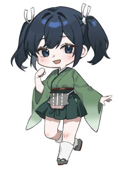1girl black_hair blue_eyes blush breasts chibi chibi_only clenched_hand commentary_request full_body green_hakama green_kimono hair_ribbon hakama hakama_skirt japanese_clothes kantai_collection kimono open_mouth ribbon short_twintails simple_background skirt solo souryuu_(kancolle) twintails white_background white_ribbon wide_sleeves yakizakana_(sakana_u_u)