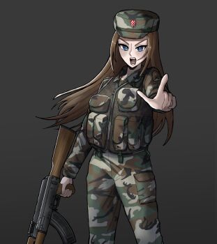 assault_rifle blue_eyes bosnia_and_herzegovina brown_hair camouflage commentary croatia english_commentary gun herzeg_bosnia highres jashin_gopnik kalashnikov_rifle lucjia_frankovic original pointing rifle shouting weapon woodland_camouflage zastava_m70