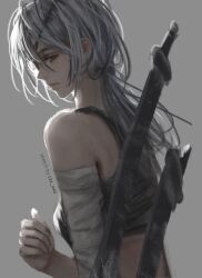 Rule 34 | 1girl, absurdres, artist name, bandaged arm, bandages, bare shoulders, black tank top, chainsaw man, chest sarashi, chinese commentary, commentary, cxx xxo, eyepatch, from side, grey background, grey eyes, grey hair, highres, lips, low ponytail, profile, quanxi (chainsaw man), sarashi, sheath, sheathed, simple background, solo, sword, tank top, upper body, weapon, weapon on back