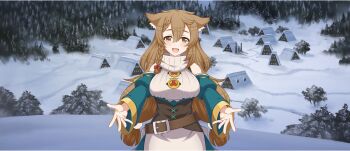 1girl :d amy_(konosuba) animal_ear_fluff animal_ears belt belt_buckle bow braid braided_sidelock breasts brown_belt brown_corset brown_eyes brown_hair buckle building corset cowboy_shot detached_sleeves double-parted_bangs game_cg green_skirt green_sleeves hair_between_eyes hair_bow hair_ornament hair_scrunchie highres kono_subarashii_sekai_ni_shukufuku_wo! konosuba!_fantastic_days large_breasts light_blush long_hair long_sleeves looking_at_viewer low_twintails mole mole_under_eye official_art open_mouth outdoors outstretched_arms pine_tree reaching reaching_towards_viewer red_bow ribbon ribbon-trimmed_sleeves ribbon_trim rural scrunchie sidelocks skirt sleeveless sleeveless_sweater smile snow solo standing sweater tachi-e tree turtleneck turtleneck_sweater twintails very_long_hair village white_scrunchie white_sweater yellow_ribbon