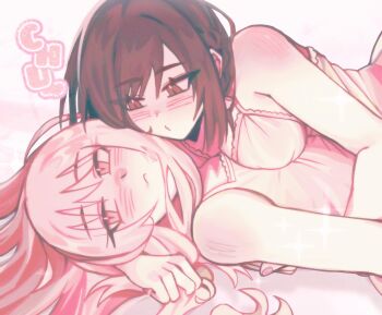 1girl 1other :c akiyama_mizuki arm_around_neck arm_up armpit_crease blush bow bow_hairband braid breast_press breasts brown_hair camisole cleavage clenched_hand closed_mouth commentary fingernails flat_chest frilled_camisole frills from_side hair_spread_out hairband half-closed_eyes hand_in_another&#039;s_hair hand_up heads_together highres hug long_hair looking_at_another looking_at_viewer looking_to_the_side luwwakk lying lying_on_person nail_polish o3o on_back other_with_female parted_bangs pink_bow pink_camisole pink_eyes pink_hair pink_nails project_sekai puckered_lips shinonome_ena short_braid short_hair shoulder_blush side_braid sideways_glance sleeveless sound_effects swept_bangs upper_body white_background