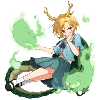 1girl antlers black_shoes blonde_hair blue_shirt closed_mouth dragon_girl dragon_horns dragon_tail full_body game_cg green_scales green_skirt hakurei_frontier_spell_strive hand_on_own_cheek hand_on_own_face horns kicchou_yachie looking_at_viewer mary_janes midriff_peek navel official_art otter otter_spirit_(touhou) red_eyes shirt shoes short_hair short_sleeves skirt smile socks solo square_neckline tail take_no_ko_(4919400) third-party_source touhou transparent_background turtle_shell white_socks yellow_horns