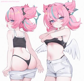 1girl absurdres aqua_hair aria_(human)_(zenless_zone_zero) aria_(zenless_zone_zero) ass bare_arms bare_shoulders black_bow black_panties black_shirt blue_eyes blush bow breath butt_crack closed_mouth clothes_lift clothes_pull commentary cowboy_shot crop_top crossed_bangs double-parted_bangs hair_between_eyes hair_bow halo highleg highleg_panties highres light_smile looking_at_viewer multicolored_hair multiple_views navel panties panty_straps parted_lips patreon_logo pink_hair pulling_own_clothes quad_tails shirt shirt_lift short_shorts shorts shorts_pull sideways_glance simple_background sleeveless sleeveless_shirt standing streaked_hair sweat thong thong_panties underwear undressing watermark web_address white_background white_shorts white_wings wings zenless_zone_zero zxcsque