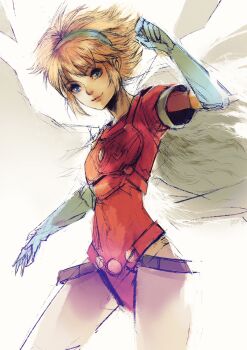 1girl angel_wings armor blonde_hair breath_of_fire breath_of_fire_i commentary_request elbow_gloves feathered_wings gloves hairband highres kannoaki leotard looking_at_viewer nina_(breath_of_fire_i) red_leotard short_hair smile solo white_wings wings