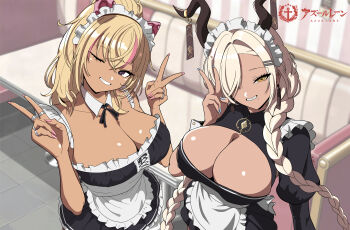 2girls absurdres alternate_costume animal_ears apron azur_lane black_dress blonde_hair breasts brown_eyes brown_horns cat_ears cleavage cleavage_cutout clothing_cutout commentary_request couch dark-skinned_female dark_skin double_v dress enmaided fake_animal_ears frilled_apron frills grin hair_over_one_eye head_tilt highres horn_ornament horns indoors jewelry juliet_sleeves kei4 large_breasts long_sleeves looking_at_viewer maid maid_headdress multicolored_hair multiple_girls multiple_rings nail_polish one_eye_closed owari_(azur_lane) pink_nails pink_streaks puffy_sleeves ring shiny_skin single_hair_streak smile streaked_hair table tile_floor tiles v white_apron yukino_(doa)