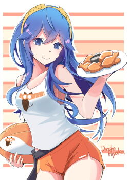 1girl alternate_costume armpits bare_arms bare_shoulders brand_of_the_exalt breasts chicken_wing cleavage collarbone commentary_request commission employee_uniform fire_emblem fire_emblem_awakening hooters long_hair looking_at_viewer lucina_(fire_emblem) medium_breasts nintendo no_legwear orange_shorts print_tank_top ryoto_soukyuu short_shorts shorts sideboob skeb_commission smile solo symbol-shaped_pupils tank_top thighs waitress