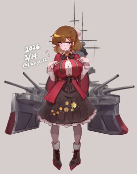 Rule 34 | 1girl, absurdres, asahi (kancolle), black hakama, braid, breasts, brown hair, cannon, coat, commentary request, hair ribbon, hakama, highres, huge breasts, japanese clothes, kantai collection, purple eyes, red coat, red happi, ribbon, rigging, ship turret, shirt, short hair, single braid, solo, tanyou, white ribbon, white shirt