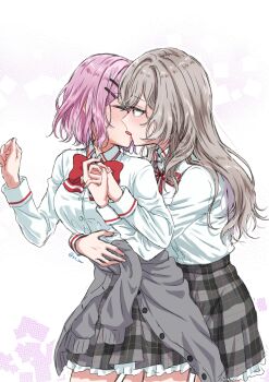 2girls amaori_renako artist_name ashigaya_high_school_uniform blush bow bowtie brown_hair cardigan cardigan_around_waist chorisow_(delta_chord) closed_eyes clothes_around_waist collared_shirt commentary_request french_kiss hair_ornament hairclip highres holding_hands hug hug_from_behind kiss long_hair long_sleeves medium_hair multiple_girls neck_ribbon pink_hair plaid_clothes plaid_skirt purple_eyes red_bow red_bowtie ribbon school_uniform sena_ajisai shirt simple_background skirt sweatdrop tongue watashi_ga_koibito_ni_nareru_wake_naijan_murimuri! white_background white_shirt yuri