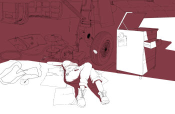 1girl aircraft boots breasts death_by_lolis female_focus looking_at_viewer looking_up lying mechanic medium_breasts monochrome on_back on_ground original power_tool short_hair solo tank_top toolbox tools wheel