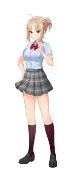 1girl ahoge artist_request black_shoes blonde_hair blue_shirt bow bowtie brown_socks cinderella_series closed_mouth grey_skirt hachigatsu_no_cinderella_nine hand_on_own_hip high_ponytail highres kneehighs miura_nanase official_art plaid_clothes plaid_skirt ponytail red_bow red_bowtie red_hair school_uniform shirt shoes short_ponytail short_sleeves skirt socks solo transparent_background