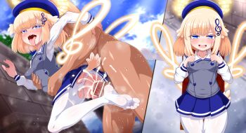 1boy 1girl angel anus ass azatychan backpack bag beret blonde_hair blue_skirt blush bombergirl brass_(bombergirl) breasts censored clothed_female_nude_male cum cum_in_pussy ejaculation feet fortissimo grey_jacket hair_ornament halo hat hetero highres jacket large_penis medium_breasts musical_note musical_note_hair_ornament nude open_mouth pantyhose penis pussy saliva saliva_trail school_uniform sex shirt skirt smile steam sweat thighs torn_clothes torn_pantyhose vaginal white_pantyhose white_shirt