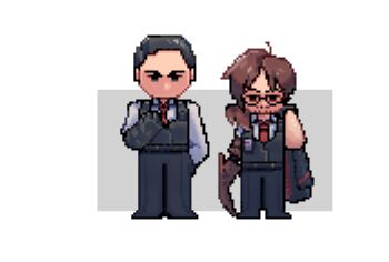 2boys absurdres ahoge arthropod_limbs beard_stubble belt black-framed_eyewear black-framed_glasses black_belt black_eyes black_gauntlets black_hair black_pants black_shoes black_vest brown_eyes brown_hair buckle chibi clenched_hand coat collared_shirt dress_shirt expressionless facial_hair formal_clothes full_body gauntlets glasses gregor_(project_moon) grey_background hair_between_eyes hair_over_shoulder hair_slicked_back half-closed_eyes hand_in_pocket highres id_card jitome limbus_company long_hair long_sleeves looking_at_viewer low_ponytail male_focus meursault_(project_moon) multiple_boys name_tag necktie no_mouth pants parted_bangs pixel_art ponytail project_moon red_necktie semi-rimless_eyewear shirt shoes short_hair simple_background sleeves_rolled_up standing stubble suit under-rim_eyewear unworn_coat vest white_background white_shirt