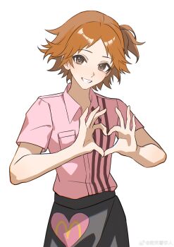 Rule 34 | 1boy, absurdres, apron, bisho imobing hito, black apron, black eyes, brown hair, chinese commentary, commentary request, grin, hanamura yousuke, heart, heart hands, highres, looking at viewer, male focus, one side up, persona, persona 4, short hair, short sleeves, simple background, smile, solo, upper body, waist apron, white background