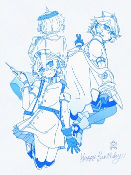 Rule 34 | 1girl, armband, belt, boots, braid, camera, closed mouth, coat, collared shirt, double v, dress, flower wreath, gloves, happy birthday, head tilt, head wreath, headset, highres, holding, holding camera, holding syringe, looking at viewer, mechanical legs, monochrome, multiple views, nurse robot type t, nurse robot type t (vocaloid6), off shoulder, pantyhose, puffy short sleeves, puffy sleeves, shirt, short hair, short sleeves, sleeveless, sleeveless dress, smile, syringe, tadanoco, utau, v, vocaloid