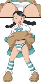 Rule 34 | 1girl, ass, black hair, brown eyes, candice (pokemon), clothes lift, kanagawan, long sleeves, looking at viewer, miniskirt, multi-tied hair, nintendo, one eye closed, panties, pokemon, pokemon dppt, shirt, shoes, skirt, skirt lift, socks, underwear, upskirt, white background, wink