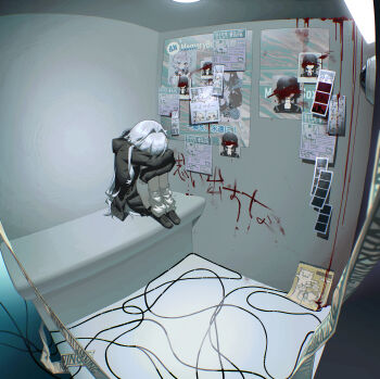 Rule 34 | 1girl, black jacket, black skirt, blood, blood on wall, blood writing, caution tape, commentary, english commentary, grey hair, hair intakes, head down, highres, hood, hooded jacket, hugging own legs, jacket, kuwei (kuwei 2333), leg warmers, long hair, original, school uniform, sitting, skirt, solo