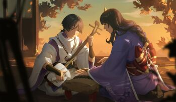 1boy 1girl absurdres aina_(mayexplode) arm_up blunt_bangs braid closed_mouth cloud cloudy_sky from_side genshin_impact hair_between_eyes hair_ornament hands_up highres holding holding_instrument instrument japanese_clothes light_smile long_hair looking_at_object looking_down looking_up mother_and_son music outdoors parted_lips playing_instrument purple_eyes purple_hair raiden_shogun scaramouche_(genshin_impact) scaramouche_(kabukimono)_(genshin_impact) seiza shamisen short_hair single_braid sitting sky sunset tree zither