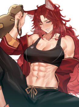 1girl abs absurdres animal_ear_fluff animal_ears bare_shoulders black_pants black_sports_bra breasts cleavage commentary commission deccatezu eku_(awastedninja) english_commentary flipped_hair fox_ears fox_girl gourd grin highres holding holding_gourd jacket jacket_partially_removed knee_up large_breasts long_hair navel one_eye_closed open_clothes open_jacket original pants parted_bangs red_hair red_jacket simple_background smile solo sports_bra stomach toned toned_female white_background yellow_eyes