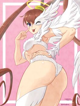 1girl absurdres amano_nene_(digimon_xros_wars) angel_wings armpits artcetona ass ass_focus asymmetrical_eyes bare_shoulders breasts brown_hair closed_mouth commentary commission cowboy_shot curly_hair digimon digimon_(creature) digimon_xros_wars english_text feathered_wings feathers from_behind fur_bikini hair_between_eyes half_mask halo hand_on_own_hip high_ponytail highres long_hair looking_at_viewer looking_back luminamon_(nene_ver.) mask medium_breasts one_eye_closed pink_background ponytail purple_eyes simple_background single_wing smile solo split_ponytail strapless thank_you tongue tongue_out twisted_torso twitter_username very_long_hair wedgie white_feathers wings yellow_halo