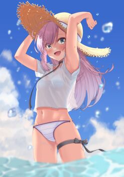 Rule 34 | 1girl, :d, absurdres, bikini, black choker, blue eyes, blue sky, blush, breasts, brown hat, choker, cloud, commentary request, cowboy shot, day, fear jyosyu, hat, highres, leg ribbon, long hair, looking at viewer, midriff, navel, open mouth, outdoors, partially submerged, pink hair, ribbon, see-through clothes, see-through shirt, shirt, short sleeves, sky, smile, solo, standing, straw hat, swept bangs, swimsuit, thigh ribbon, toji no miko, tsubakuro yume, water, white bikini, white shirt