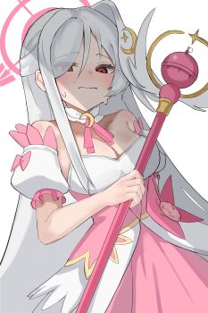 1girl absurdres alternate_breast_size_(larger) bare_shoulders blue_archive blush bow breasts bustier cleavage commentary_request daily_time detached_collar detached_sleeves dutch_angle from_below hair_over_one_eye halo head_wings highres holding holding_wand large_breasts long_hair looking_at_viewer official_alternate_costume pink_bow pink_halo red_eyes shy single_head_wing solo suzumi_(blue_archive) suzumi_(magical)_(blue_archive) sweat underbust very_long_hair wand white_background white_hair wings