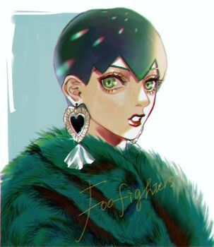 Rule 34 | 1girl, character name, commentary, earrings, foo fighters (jojo), fur collar, green eyes, green fur, green hair, highres, jewelry, jojo no kimyou na bouken, masakenme, red lips, short hair, solo, stone ocean