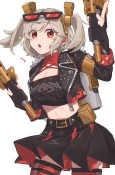 Rule 34 | 1girl, black jacket, black skirt, black tube top, breasts, burnice white, cleavage, cowboy shot, crop top, eyewear on head, flamethrower, grey hair, highres, holding flamethrower, holding weapon, jacket, large breasts, looking at viewer, pleated skirt, red-tinted eyewear, red eyes, sasamino tataki, skirt, solo, spiked belt, spiked jacket, strapless, tinted eyewear, tube top, two side up, weapon, white background, zenless zone zero