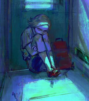 1boy against_door aotsuki_eito chinese_commentary commentary_request highres hugging_own_legs indoors jiangxing427 legs_folded looking_at_viewer male_focus pants purple_eyes red_bag shirt short_hair sitting solo the_hundred_line_-last_defense_academy- white_pants