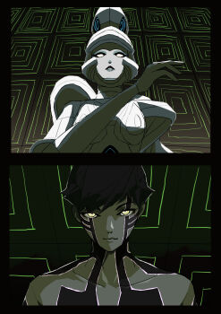 absurdres baal_(megami_tensei) black_border black_hair blank_eyes body_markings border colored_skin demi-fiend demon_(megami_tensei) glowing glowing_eyes glowing_tattoo green_background grey_skin haruhuru_8686 highres looking_down looking_up shadow shin_megami_tensei shin_megami_tensei_iii:_nocturne short_hair square tachibana_chiaki_(megami_tensei) tattoo topless_male upper_body yellow_eyes