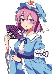 Rule 34 | 1girl, blue hat, blue kimono, blue sash, breasts, closed mouth, commentary request, folding fan, frilled kimono, frilled sleeves, frills, hand fan, happy, hat, highres, japanese clothes, kimono, kv-san, medium breasts, mob cap, pink hair, purple eyes, saigyouji yuyuko, sash, short hair, simple background, sleeve garter, smile, solo, touhou, triangular headpiece, white background