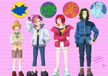 1girl 3boys chiropmon digimon digimon_(creature) digimon_beatbreak gekkomon highres kuonji_makoto multiple_boys murasamemon pristimon ryo_n7dgmn sakuya_reina sawashiro_kyo tenma_tomoro