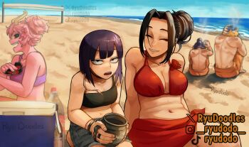 2boys 3girls ashido_mina beach bikini bikini_top_only black_hair bleach boku_no_hero_academia breasts cleavage closed_eyes denim denim_skirt gun highres jiro_kyoka kaminari_denki looking_at_viewer medium_breasts mineta_minoru multiple_boys multiple_girls open_mouth outdoors pink_skirt purple_hair red_bikini red_sarong ryudoodles sarong skirt smile swimsuit weapon yaoyorozu_momo