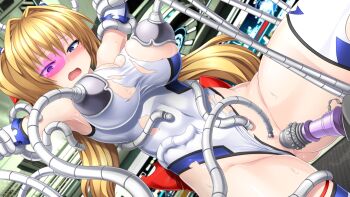 1girl armpits blonde_hair blue_eyes blush bound breast_sucking breasts broken_eyewear censored cleavage clitoral_stimulation clothing_aside covered_navel dildo dutch_angle elbow_gloves embarrassed forced_orgasm game_asset gloves hair_intakes hengen_souki_shine_mirage hitachi_magic_wand koppamu large_breasts large_variant_set leotard leotard_aside long_hair magical_girl milking_machine non-web_source nose_blush object_insertion official_art open_mouth orgasm pink-tinted_eyewear pussy raised_eyebrows restrained self-datamine sex_machine sex_toy shine_mirage shiny_skin solo spread_legs stationary_restraints sweat tentacles thighhighs tinted_eyewear torn_clothes torn_leotard toudouin_saki twintails vaginal vaginal_object_insertion variant_set vibrator visual_novel_cg white_gloves white_leotard white_thighhighs