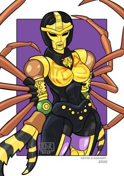 1girl 2020 arthropod_limbs beast_wars black_eyes blackarachnia breasts helmet highres humanoid_robot kevin_raganit medium_breasts narrow_waist predacon robot robot_girl solo thighs transformers