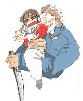 Rule 34 | 0524seiten, 1boy, 1girl, 2012, age difference, brown hair, carrying, carrying person, clown costume, crying, halloween (movie), highres, holding, holding knife, jamie lloyd, knife, michael myers, reaching, reaching towards viewer, size difference, standing, uncle and niece, white background, white mask