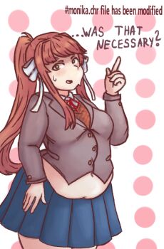 1girl alternate_body_size bludkus blue_skirt blush bow breasts brown_hair cowboy_shot doki_doki_literature_club doki_doki_literature_club_school_uniform dotted_background english_text eyebrows_hidden_by_hair fat fat_woman green_eyes hair_bow hand_on_own_hip high_ponytail index_finger_raised long_hair long_sidelocks long_sleeves looking_at_viewer medium_breasts monika_(doki_doki_literature_club) neck_ribbon open_mouth pleated_skirt ponytail red_ribbon ribbon school_uniform sidelocks skirt solo standing surprised sweatdrop swept_bangs upper_body white_bow