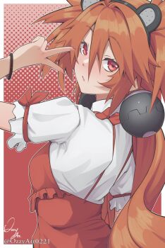 1girl ahoge animal_ears bear_ears blush fake_animal_ears hair_between_eyes hair_ornament highres koleda_belobog long_hair looking_at_viewer original ozzyart_0221 red_eyes red_hair solo sphere_hair_ornament twintails zenless_zone_zero