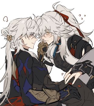 Rule 34 | 2boys, blade (honkai: star rail), blush, chinese clothes, chinese commentary, closed mouth, commentary request, drunk, eye contact, hair between eyes, hand on another's thigh, highres, honkai: star rail, honkai (series), jing yuan, long hair, looking at another, multiple boys, preciousmoom, red ribbon, ribbon, very long hair, white hair, yaoi, yingxing (honkai: star rail)