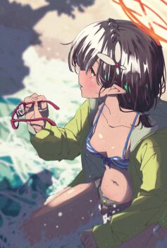 1girl ayane_(blue_archive) ayane_(swimsuit)_(blue_archive) beach bikini black_hair blue_archive blue_bikini blush braid breasts commentary_request crown_braid green_jacket halo highres holding holding_removed_eyewear jacket low_ponytail matsumoto_yutaka navel ocean official_alternate_costume official_alternate_hairstyle open_clothes open_jacket pointy_ears ponytail red_halo short_hair sitting small_breasts solo stomach striped_bikini striped_clothes swimsuit unworn_eyewear yellow_eyes