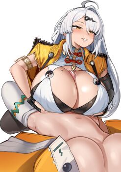 1futa 1girl absurdres ahoge alternate_breast_size_(larger) armlet asymmetrical_gloves bar_censor belle_(delicate_sunlight)_(zenless_zone_zero) belle_(zenless_zone_zero) black_gloves breasts censored chinese_clothes clothes_pull commentary commission covered_navel elbow_gloves english_commentary erotanuki fingerless_gloves futa_with_female futanari gloves hair_ornament hairpin half-closed_eyes highres huge_breasts jacket jewelry long_hair mole mole_on_breast multiple_girls official_alternate_costume paizuri paizuri_under_clothes pantyhose pantyhose_pull penis pixiv_commission precum simple_background single_elbow_glove single_hair_intake twitching uneven_gloves white_background white_hair white_pantyhose yellow_eyes yellow_jacket yin_yang_pin yixuan_(zenless_zone_zero) zenless_zone_zero