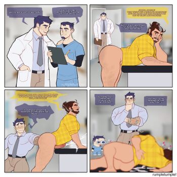 3boys arm_tattoo artist_name ass bara beard beard_stubble belt blue_eyes blue_hair blurry blurry_background blush brown_hair bulge chibi coat cum doctor ejaculation english_text erection erection_under_clothes facial_hair family_guy_death_pose_(meme) fisting grey_hair hair_bun highres huge_ass infirmary male_focus manly mature_male multicolored_hair multiple_boys muscular muscular_arms muscular_legs muscular_male mustache necktie nose_blush nurse office on_table open_clothes open_coat original pants penis prostate_massager rumple_tumple shirt shoes short_hair signature smirk speech_bubble stubble table tattoo thick_eyebrows thighs uncensored