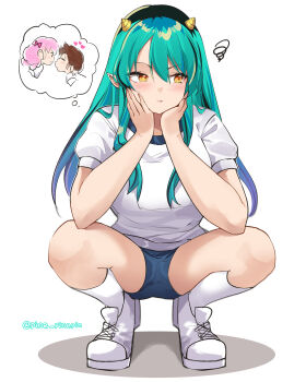 1boy 2girls absurdres artist_name blue_shorts brown_hair commentary cone_horns full_body green_hair highres horns imminent_kiss long_hair lum moroboshi_ataru multiple_girls orange_eyes pinepin pink_hair pointy_ears ran_(urusei_yatsura) shirt shoes short_hair shorts sitting sneakers socks speech_bubble sportswear squatting thought_bubble urusei_yatsura white_shirt white_shoes white_socks