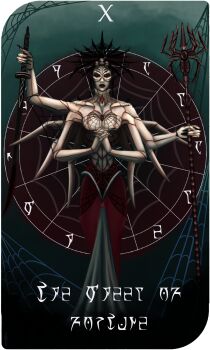 Rule 34 | 1girl, aredheelart, arthropod girl, arthropod limbs, black background, black nails, card (medium), commentary, crop top, crown, daedra, dress, english commentary, exoskeleton, extra arms, extra eyes, fingernails, gem, gradient background, green background, highres, holding, holding staff, holding sword, holding weapon, insect girl, katana, long fingernails, mage staff, mephala, no pupils, own hands together, painterly, red background, red dress, red eyes, red gem, roman numeral, silk, solo, spider girl, spider web, staff, standing, sword, tarot, tarot (medium), the ebony blade (katana), the elder scrolls, weapon