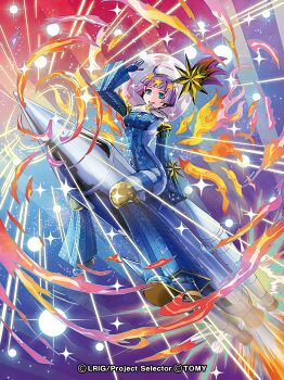 1girl blue_bodysuit blue_eyes blue_gloves blue_shoes bodysuit copyright_notice cosmorocke_(wixoss) gloves hair_ornament looking_at_viewer moreshan official_art open_mouth purple_hair rocket shoes short_hair smile solo star_(symbol) star_hair_ornament wixoss