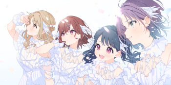 4girls absurdres ahoge asakura_toru black_hair brown_eyes brown_hair commentary_request dress earrings fang fukumaru_koito gradient_hair grey_hair hair_ornament hairclip highres higuchi_madoka ichikawa_hinana idolmaster idolmaster_shiny_colors jewelry long_hair mameyanagi mole mole_under_eye multicolored_hair multiple_girls noctchill_(idolmaster) open_mouth purple_eyes short_hair skin_fang twintails upper_body white_background white_dress wrist_cuffs